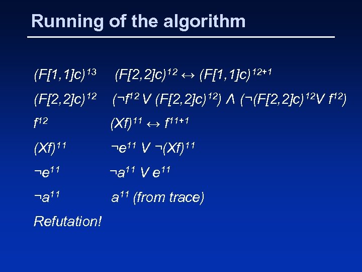 Running of the algorithm (F[1, 1]c)13 (F[2, 2]c)12 ↔ (F[1, 1]c)12+1 (F[2, 2]c)12 (¬f