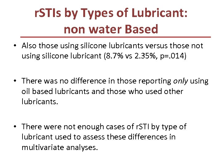 r. STIs by Types of Lubricant: non water Based • Also those using silicone