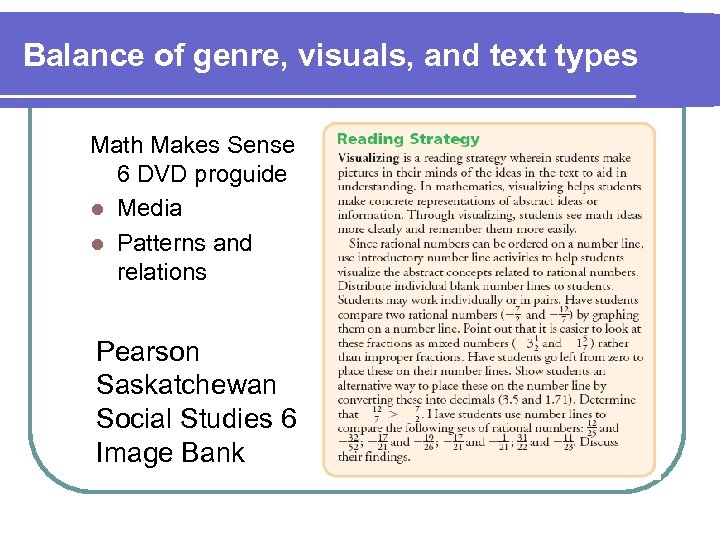 Balance of genre, visuals, and text types Math Makes Sense 6 DVD proguide l