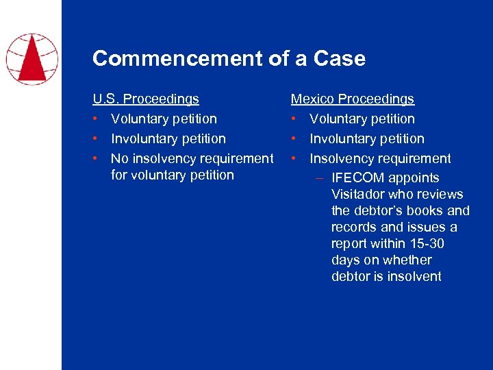 Commencement of a Case U. S. Proceedings • Voluntary petition • Involuntary petition •