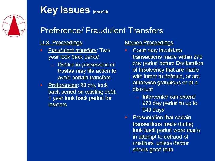 Key Issues (cont’d) Preference/ Fraudulent Transfers U. S. Proceedings • Fraudulent transfers: Two year