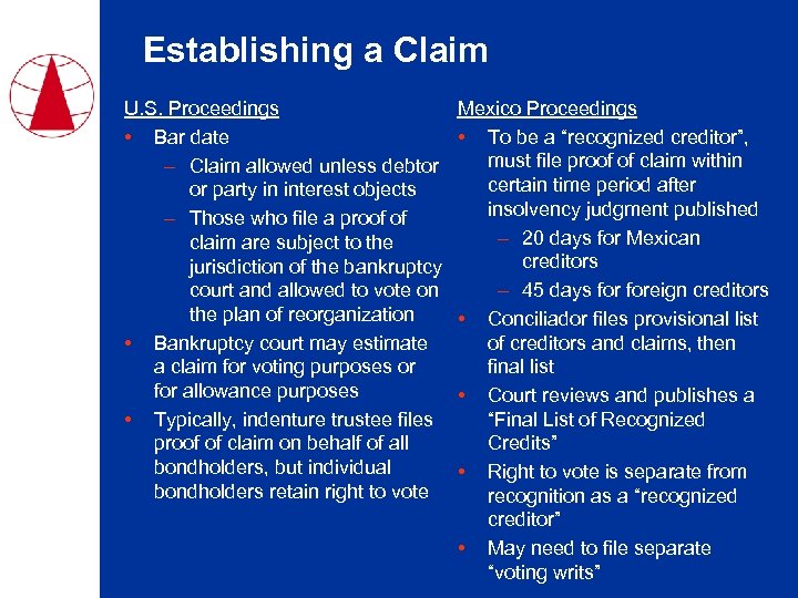 Establishing a Claim U. S. Proceedings • Bar date – Claim allowed unless debtor