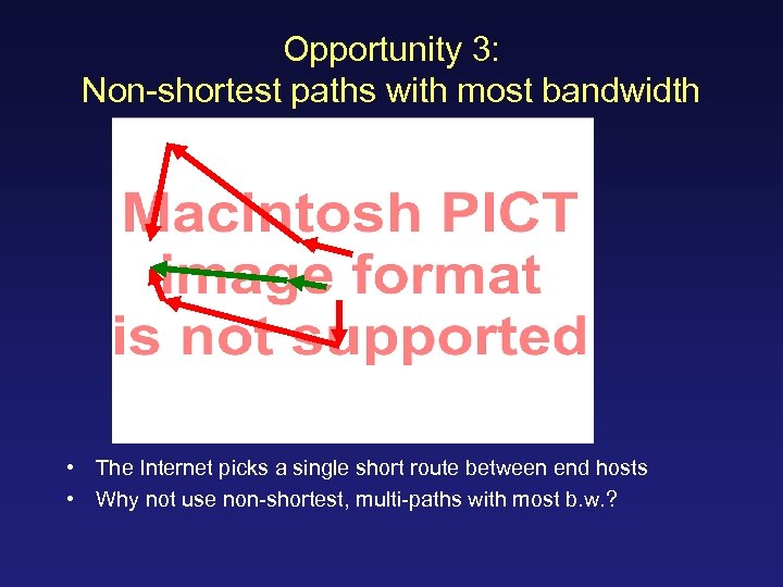 Opportunity 3: Non-shortest paths with most bandwidth • The Internet picks a single short