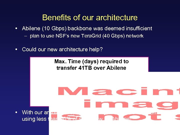 Benefits of our architecture • Abilene (10 Gbps) backbone was deemed insufficient – plan