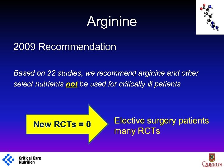 Arginine 2009 Recommendation Based on 22 studies, we recommend arginine and other select nutrients