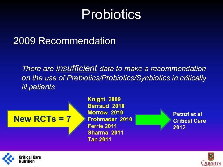 Probiotics 2009 Recommendation There are insufficient data to make a recommendation on the use