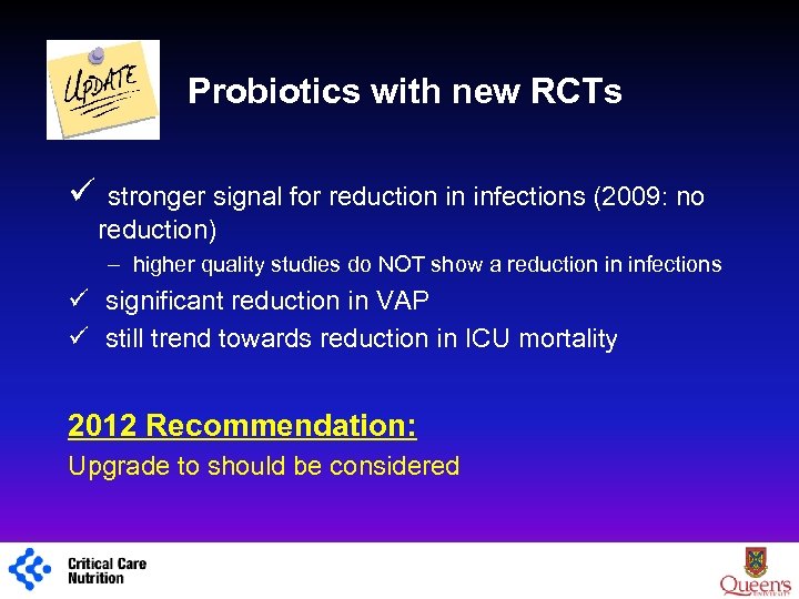 Probiotics with new RCTs ü stronger signal for reduction in infections (2009: no reduction)