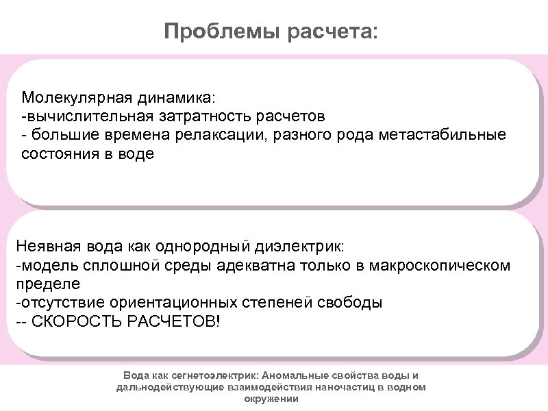 Проблемы расчета: Молекулярная динамика: -вычислительная затратность расчетов - большие времена релаксации, разного рода метастабильные