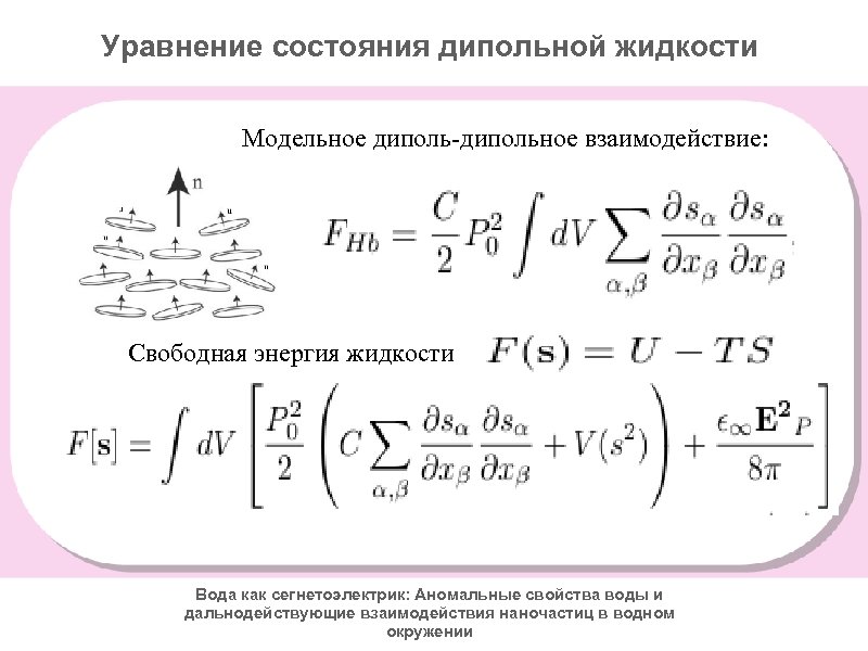 Уравнение состояния дипольной жидкости Модельное диполь-дипольное взаимодействие: Свободная энергия жидкости Вода как сегнетоэлектрик: Аномальные