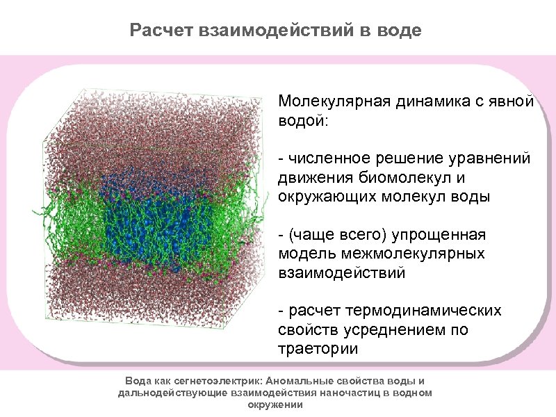 Расчет взаимодействий в воде Молекулярная динамика с явной водой: - численное решение уравнений движения