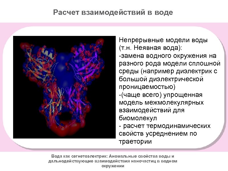 Расчет взаимодействий в воде Непрерывные модели воды (т. н. Неявная вода): -замена водного окружения