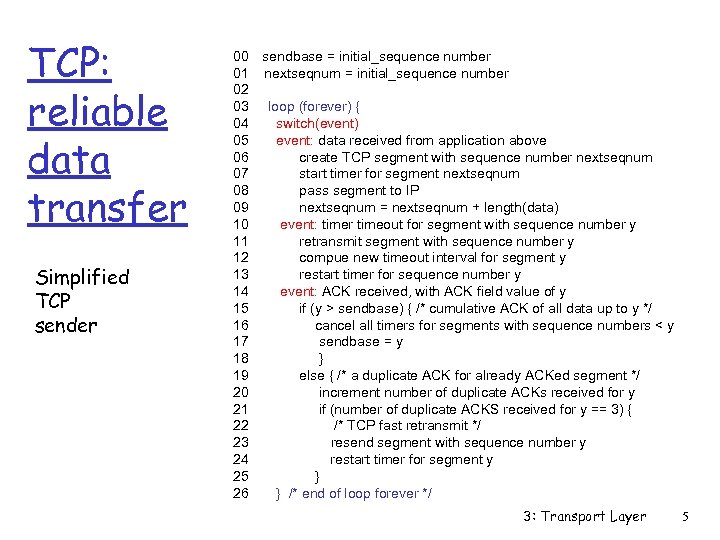 TCP: reliable data transfer Simplified TCP sender 00 sendbase = initial_sequence number 01 nextseqnum