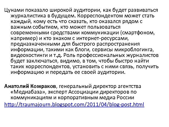Цунами показало широкой аудитории, как будет развиваться журналистика в будущем. Корреспондентом может стать каждый,