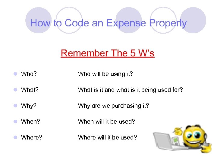 How to Code an Expense Properly Remember The 5 W’s l Who? Who will