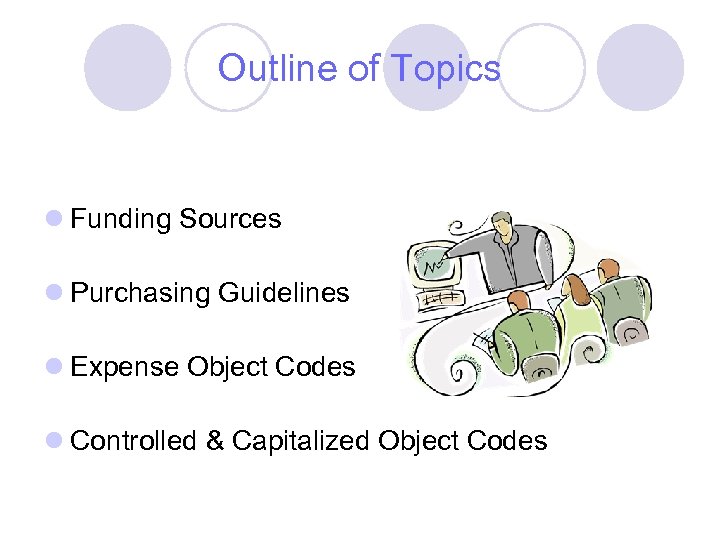 Outline of Topics l Funding Sources l Purchasing Guidelines l Expense Object Codes l