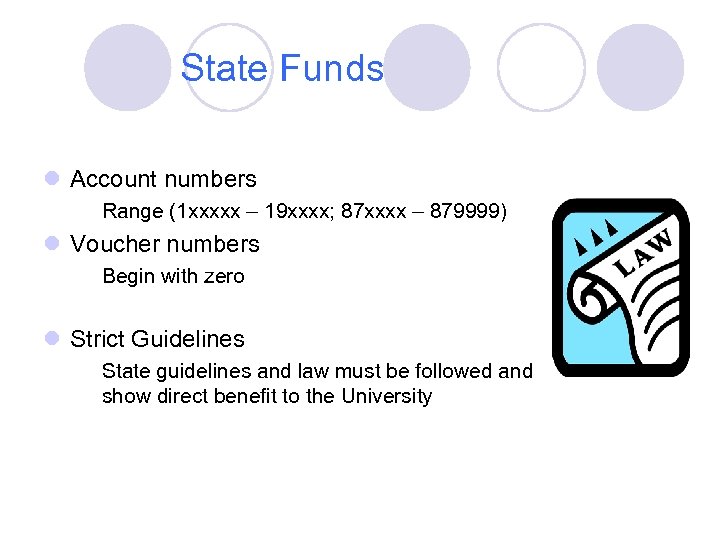 State Funds l Account numbers Range (1 xxxxx – 19 xxxx; 87 xxxx –