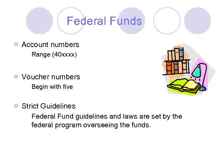 Federal Funds l Account numbers Range (40 xxxx) l Voucher numbers Begin with five