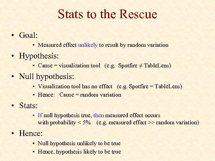 Stats to the Rescue • Goal: • Measured effect unlikely to result by random