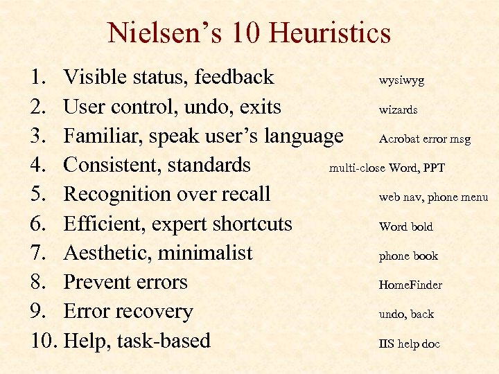 Nielsen’s 10 Heuristics 1. Visible status, feedback wysiwyg 2. User control, undo, exits wizards