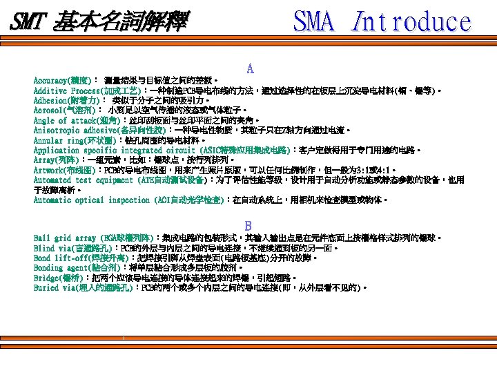 SMA Introduce SMT 基本名詞解釋 A Accuracy(精度)： 测量结果与目标值之间的差额。 Additive Process(加成 艺)：一种制造PCB导电布线的方法，通过选择性的在板层上沉淀导电材料(铜、锡等)。 Adhesion(附着力)： 类似于分子之间的吸引力。 Aerosol(气溶剂)： 小到足以空气传播的液态或气体粒子。