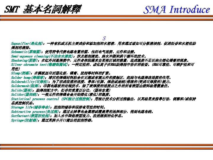 SMA Introduce SMT 基本名詞解釋 S Saponifier(皂化剂)：一种有机或无机主要成份和添加剂的水溶液，用来通过诸如可分散清洁剂，促进松香和水溶性助 焊剂的清除。 Schematic(原理图)：使用符号代表电路布置的图，包括电气连接、元件和功能。 Semi-aqueous cleaning(不完全水清洗)：涉及溶剂清洗、热水冲刷和烘干循环的技术。 Shadowing(阴影)：在红外回流焊接中，元件身体阻隔来自某些区域的能量，造成温度不足以完全熔化锡膏的现象。 Silver chromate test(铬酸银测试)：一种定性的、卤化离子在RMA助焊剂中存在的检查。(RMA可靠性、可维护性和可