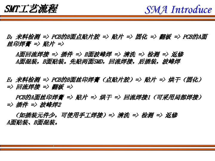 SMT 艺流程 SMA Introduce D：来料检测 => PCB的B面点贴片胶 => 贴片 => 固化 => 翻板 =>