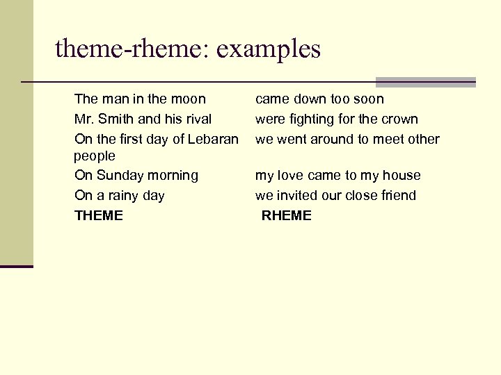 theme-rheme: examples The man in the moon Mr. Smith and his rival On the