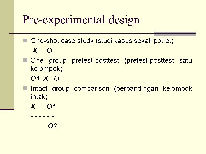 Pre-experimental design n One-shot case study (studi kasus sekali potret) X O n One