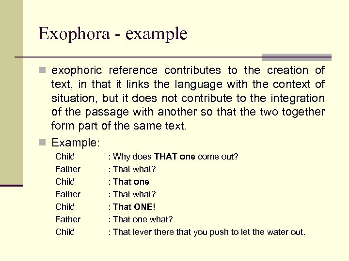 Exophora - example n exophoric reference contributes to the creation of text, in that