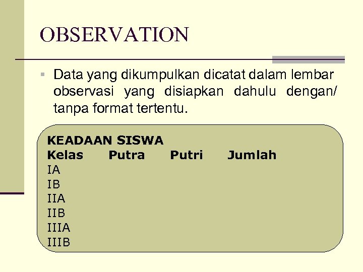 OBSERVATION § Data yang dikumpulkan dicatat dalam lembar observasi yang disiapkan dahulu dengan/ tanpa