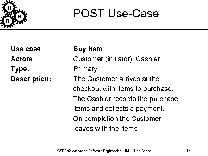 R R R Use case: Actors: Type: Description: POST Use-Case Buy Item Customer (initiator),