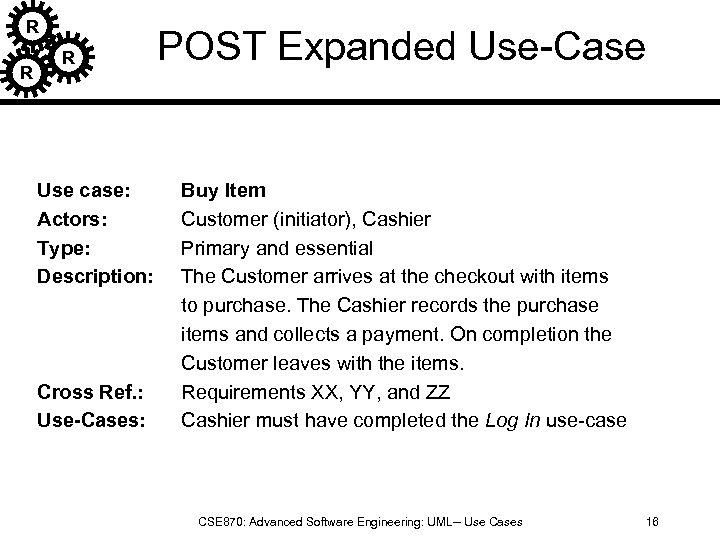 R R R Use case: Actors: Type: Description: Cross Ref. : Use-Cases: POST Expanded