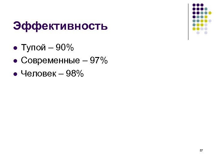 Эффективность l l l Тупой – 90% Современные – 97% Человек – 98% 57