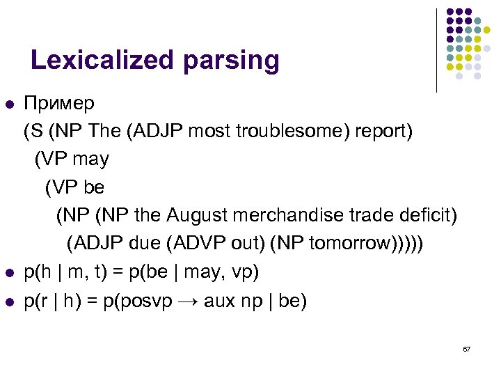 Lexicalized parsing l Пример (S (NP The (ADJP most troublesome) report) (VP may (VP