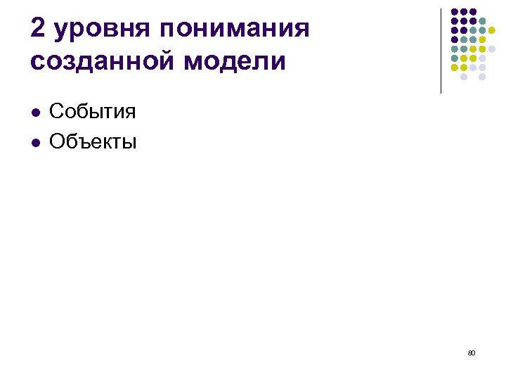 2 уровня понимания созданной модели l l События Объекты 80 