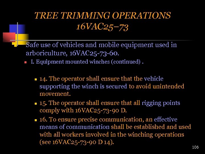 TREE TRIMMING OPERATIONS 16 VAC 25– 73 n Safe use of vehicles and mobile