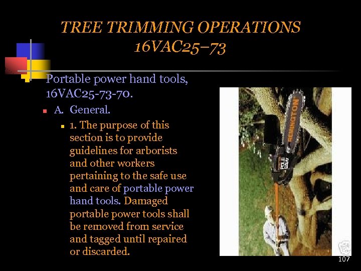 TREE TRIMMING OPERATIONS 16 VAC 25– 73 n Portable power hand tools, 16 VAC