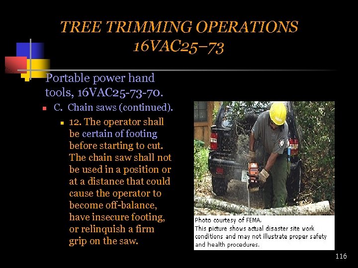 TREE TRIMMING OPERATIONS 16 VAC 25– 73 n Portable power hand tools, 16 VAC