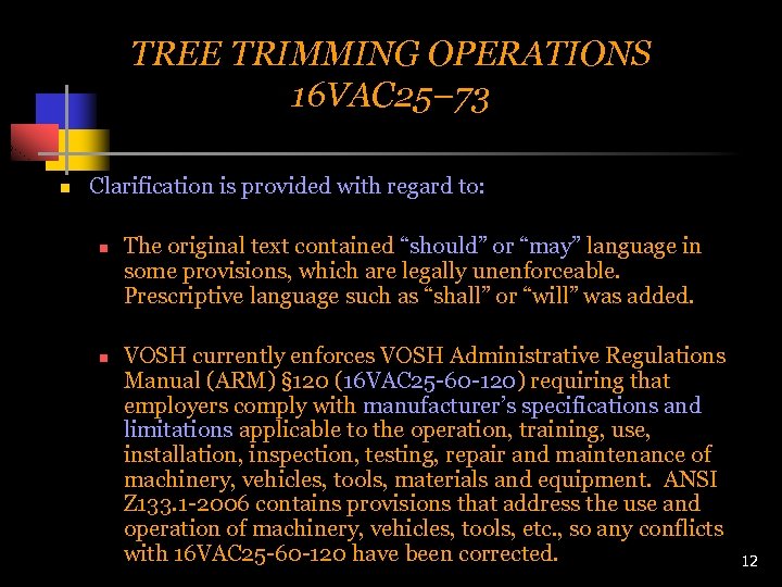 TREE TRIMMING OPERATIONS 16 VAC 25– 73 n Clarification is provided with regard to: