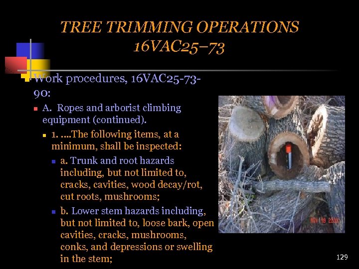 TREE TRIMMING OPERATIONS 16 VAC 25– 73 n Work procedures, 16 VAC 25 -7390: