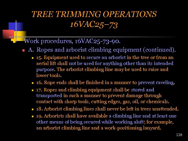 TREE TRIMMING OPERATIONS 16 VAC 25– 73 n Work procedures, 16 VAC 25 -73