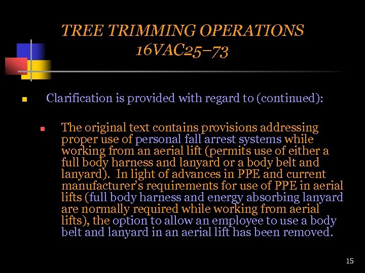 TREE TRIMMING OPERATIONS 16 VAC 25– 73 Clarification is provided with regard to (continued):