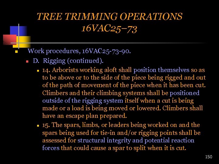 TREE TRIMMING OPERATIONS 16 VAC 25– 73 n Work procedures, 16 VAC 25 -73
