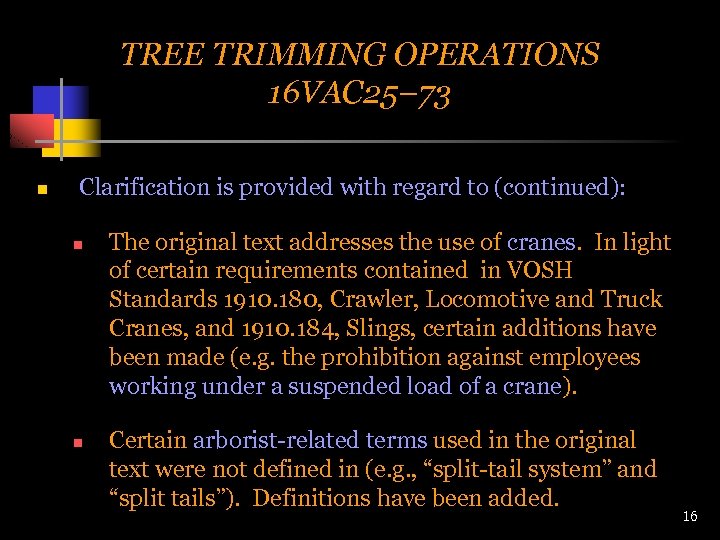 TREE TRIMMING OPERATIONS 16 VAC 25– 73 n Clarification is provided with regard to