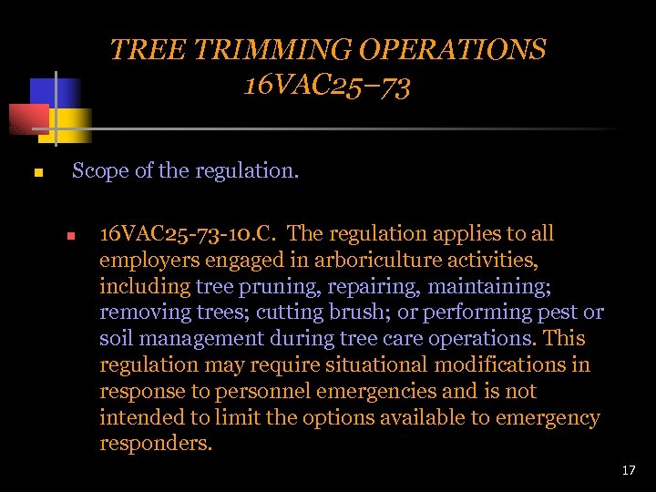 TREE TRIMMING OPERATIONS 16 VAC 25– 73 n Scope of the regulation. n 16