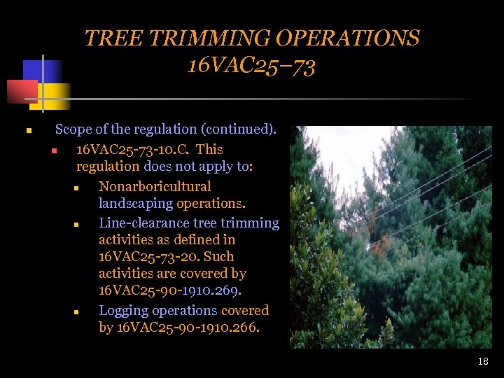 TREE TRIMMING OPERATIONS 16 VAC 25– 73 n Scope of the regulation (continued). n