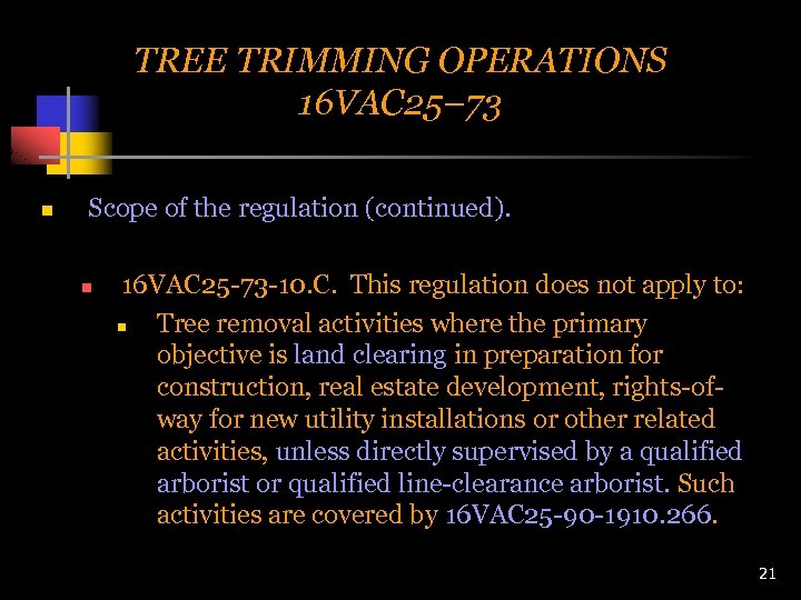 TREE TRIMMING OPERATIONS 16 VAC 25– 73 n Scope of the regulation (continued). n