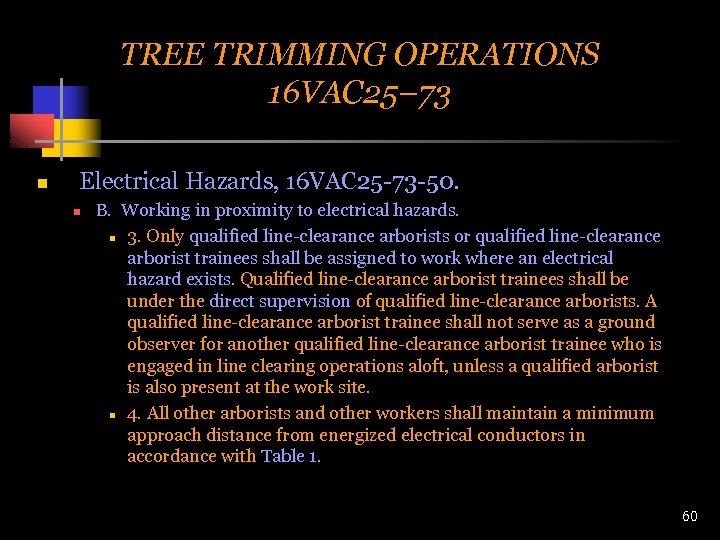 TREE TRIMMING OPERATIONS 16 VAC 25– 73 n Electrical Hazards, 16 VAC 25 -73