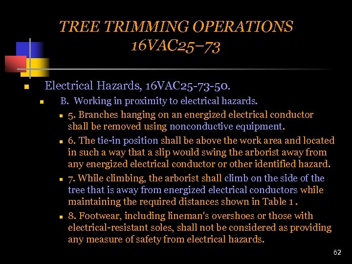 TREE TRIMMING OPERATIONS 16 VAC 25– 73 Electrical Hazards, 16 VAC 25 -73 -50.