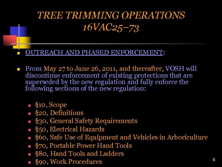 TREE TRIMMING OPERATIONS 16 VAC 25– 73 n OUTREACH AND PHASED ENFORCEMENT: n From